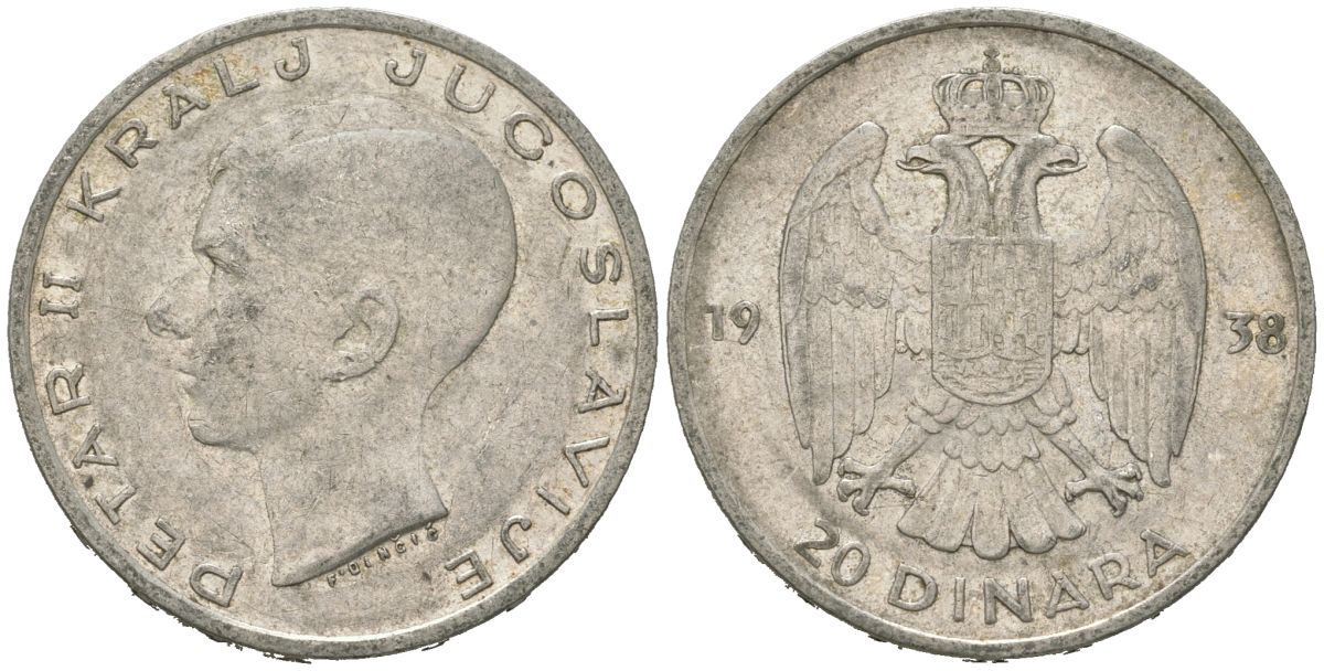 Югославия 20 динаров 1938 Петр II (1934-1945) KM 23 серебро 4182-414