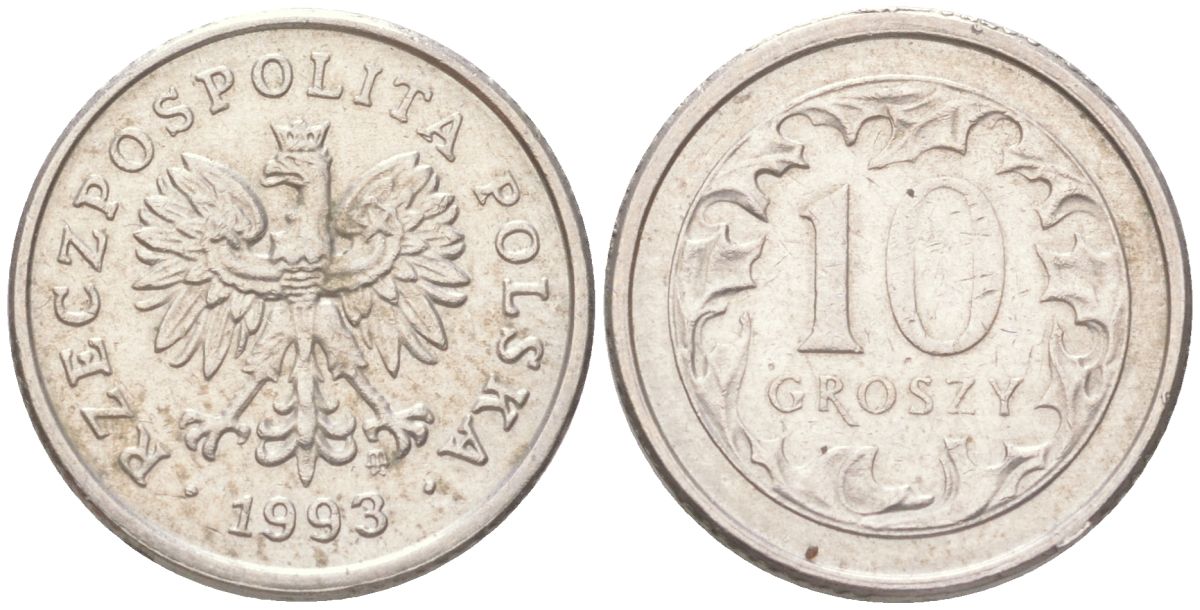 Польша 10 грошей 1993 Y 279 медно-никель UNC 4614-316
