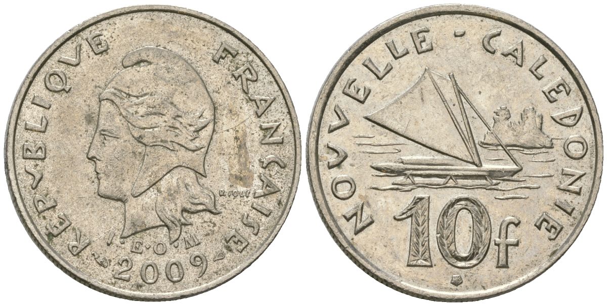 Французская Новая Каледония 10 франков 2009 рыбачья парусная лодка, (IEOM) KM 11a, Schoen 13a, Lec 99k медно-никель 62-1126