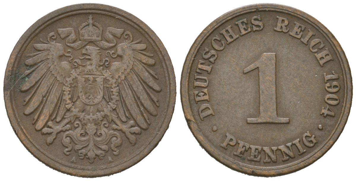 Германия 1 пфенниг 1904 A, Вильгельм II (1888-1918) KM 10, J. 10, Weege 2 медь 4615-219