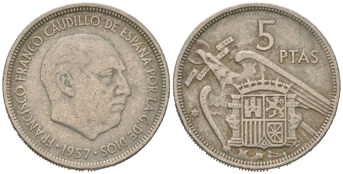 Испания 5 песет 1957 (68) Франсиско Франко (1939-1975) KM 786 медно-никель 4616-1141