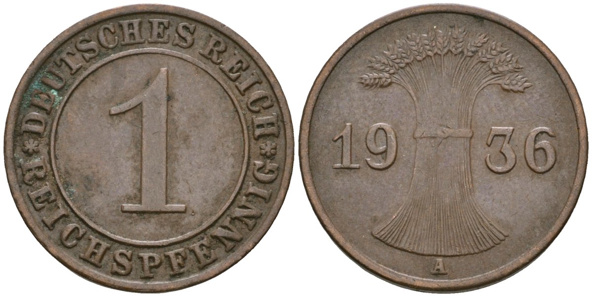 Германия 1 рейхспфенниг 1936 A KM 37, J. 313 бронза 4549-332