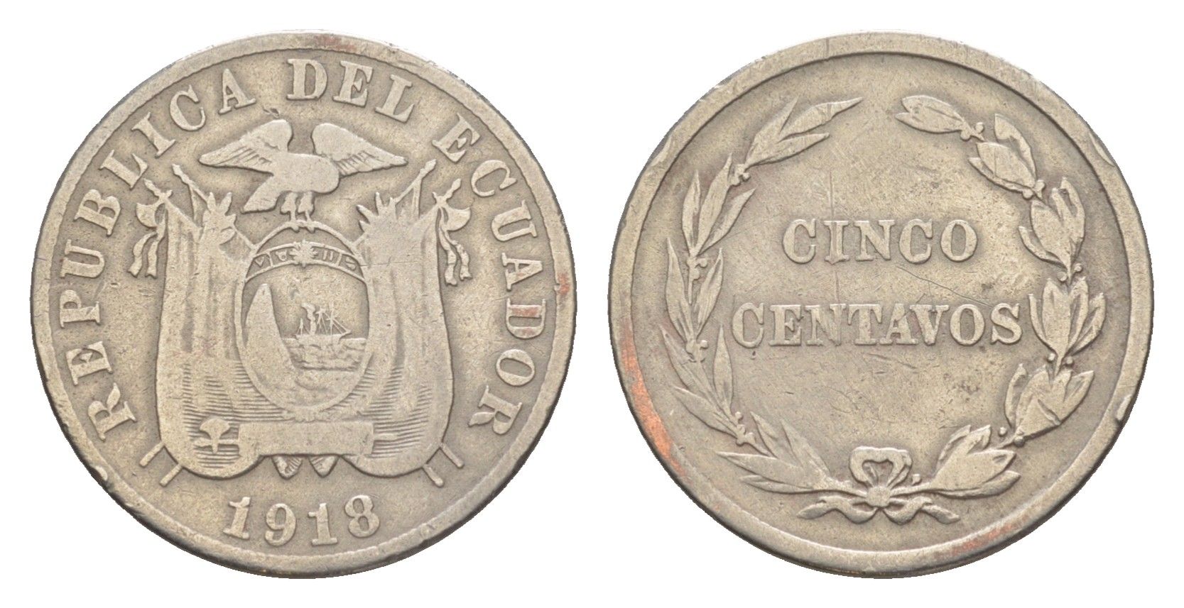 Эквадор 5 сентаво 1918 KM 60.2 медно-никель 4640-1066
