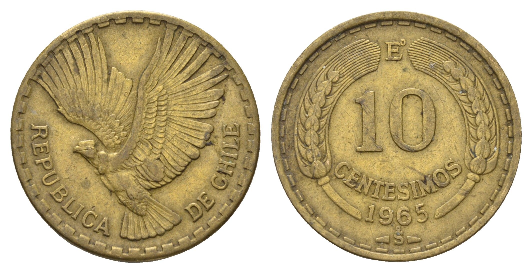 Чили 10 сентесимо 1965 KM 191 алюминиевая бронза 4688-311