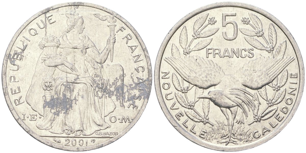 Французская Новая Каледония 5 франков 2001 птица кагу, (IEOM) KM 16, Schoen 12, Lec 81f алюминий 189-432