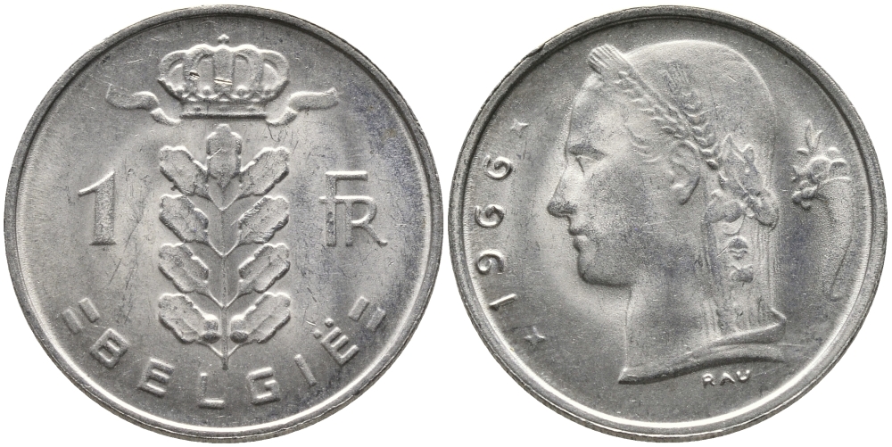 БЕЛЬГИЯ 1 ФРАНК 1966 BELGIE KM 143.1 медно-никель 65-1135