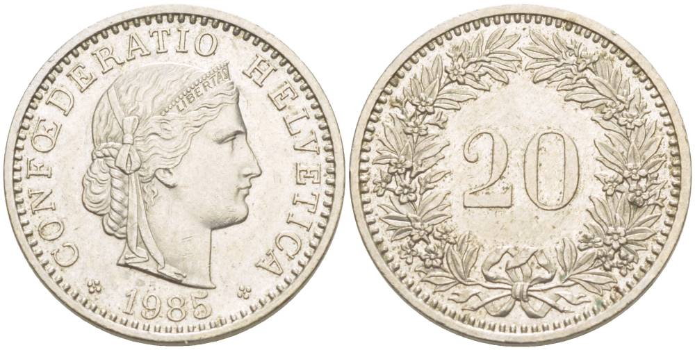 Швейцария 20 раппенов 1985 KM 29а медно-никель 4544-336