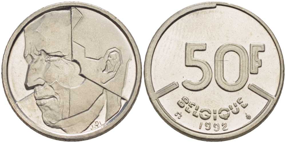 БЕЛЬГИЯ 50 ФРАНКОВ 1992 BELGIQUE, БОДУЭН I (1951-1993) KM 168 никель 210-953