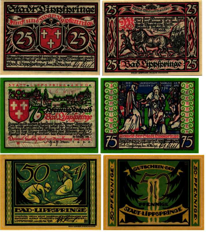 БАД-ЛИПШПРИНГЕ НАБОР ИЗ 3 БАНКНОТ (25, 50, 75 ПФЕННИГОВ) 1921 28 МАЯ 1921, НОТГЕЛЬД, ЗЕМЛЯ СЕВЕРНЫЙ РЕЙН-ВЕСТФАЛИЯ Keller 805.1 бумага 6318-12-2-1