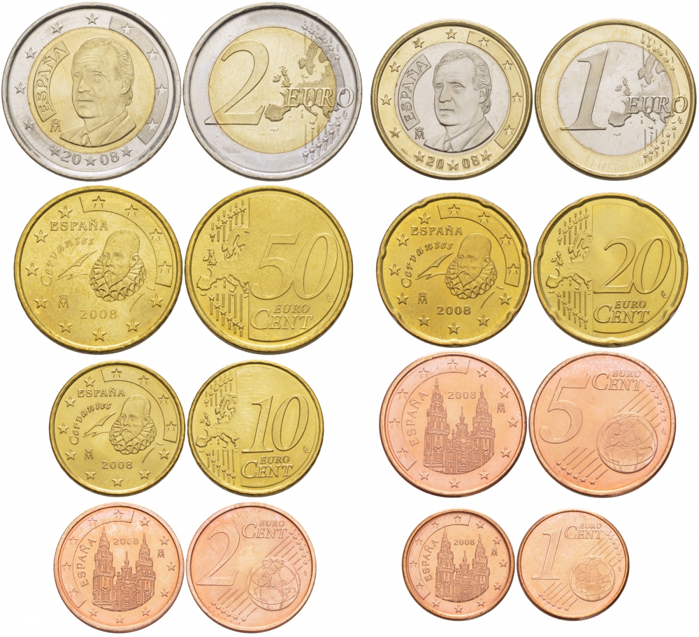 Испания евронабор из 8 монет 2008 1, 2, 5, 10, 20, 50 евроцентов, 1 и 2 евро KM 1040, 1041, 1042, 1070, 1071, 1072, 1073, 1074 N6-10