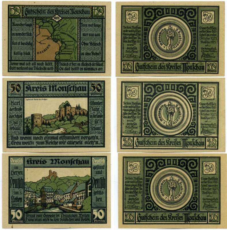 Германия, Моншау набор из 3 банкнот по 50 пфеннигов 1922 1 Июля 1921 - 1 Октября 1922, нотгельд, земля Северный Рейн-Вестфалия Grabowski 896.1  бумага  UNC (пресс) 7555-11-1-1