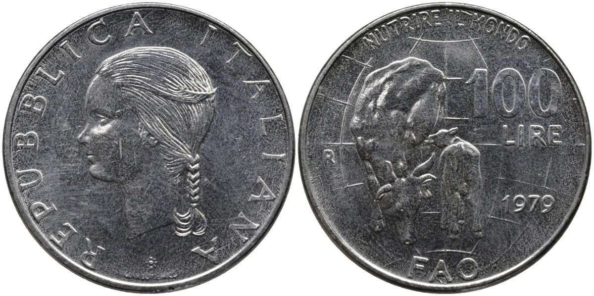 Италия 100 лир 1979 R, FAO, корова с теленком KM 106 нержавеющая сталь 4165-112