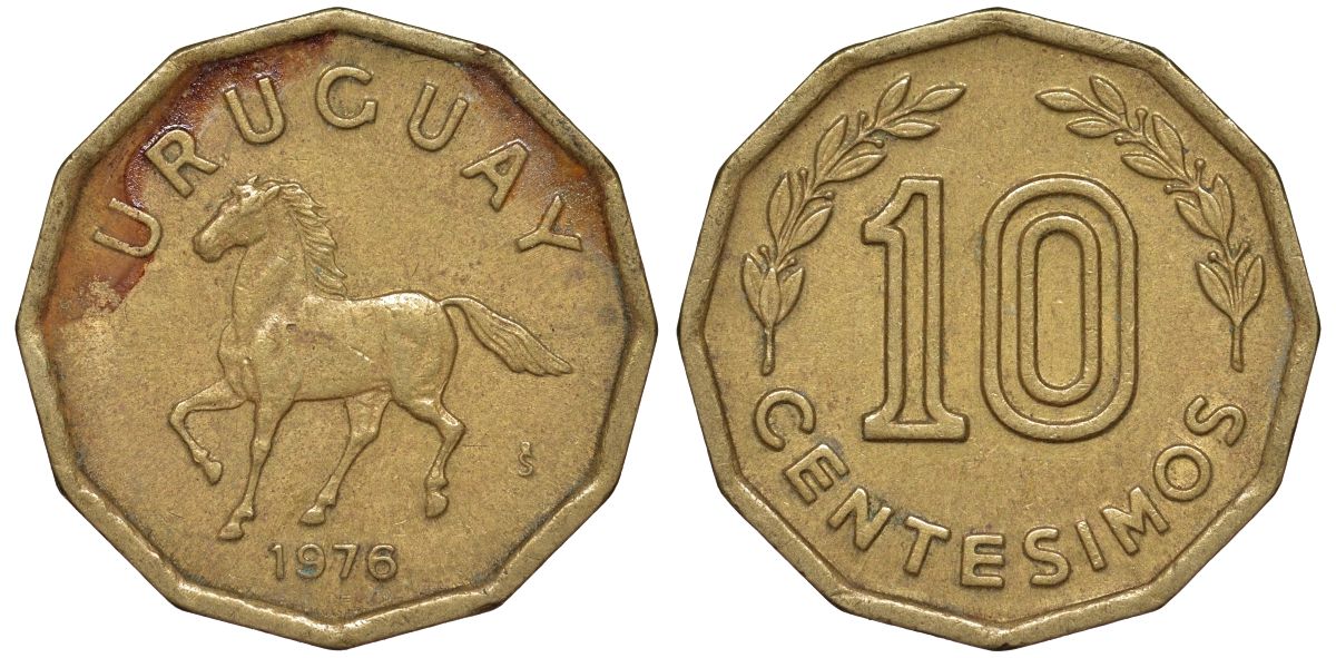 Уругвай 10 сентесимо 1976 KM 66 алюминиевая бронза 4164-719
