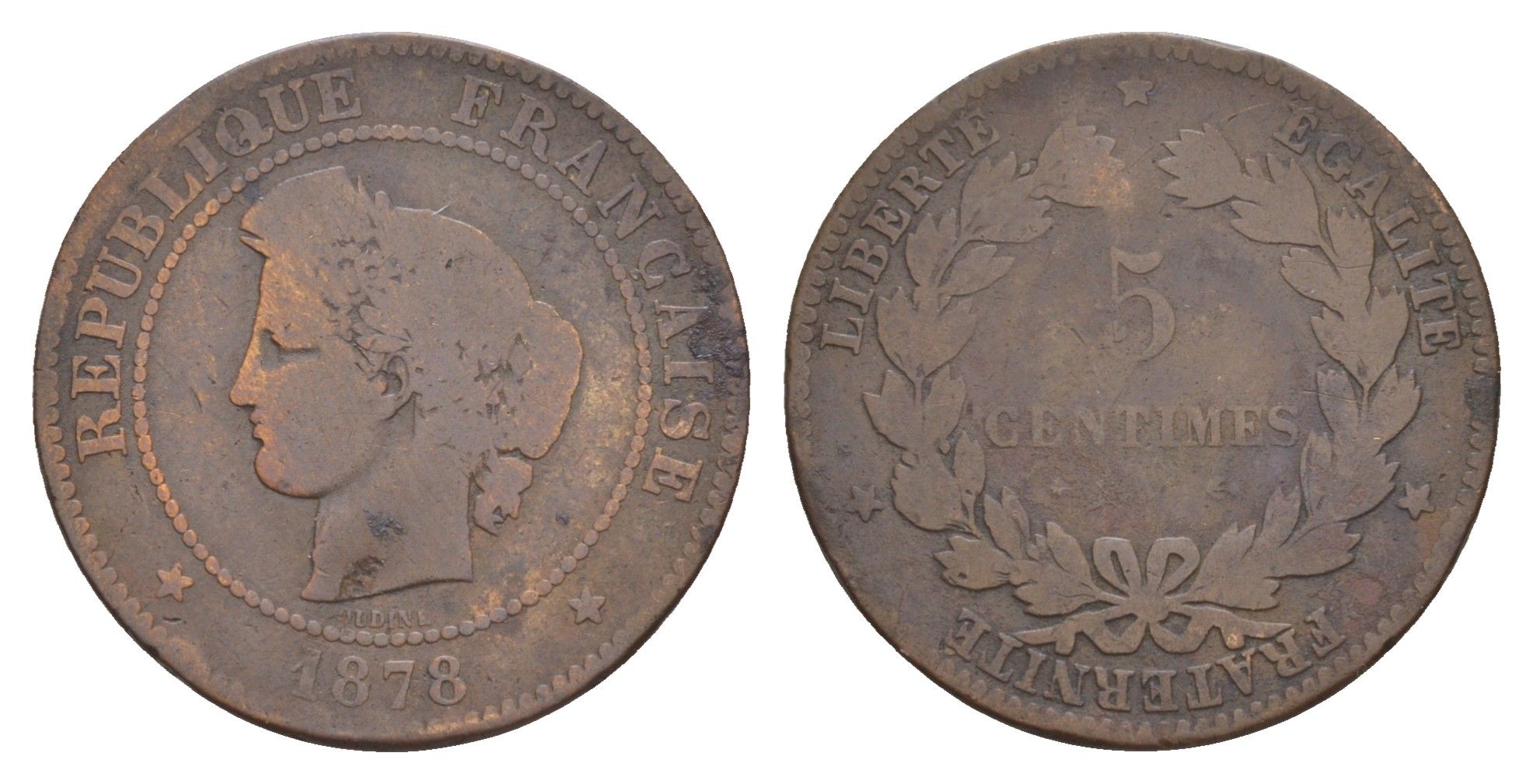 Франция 5 сантимов 1878 A KM 821 медь 4656-132