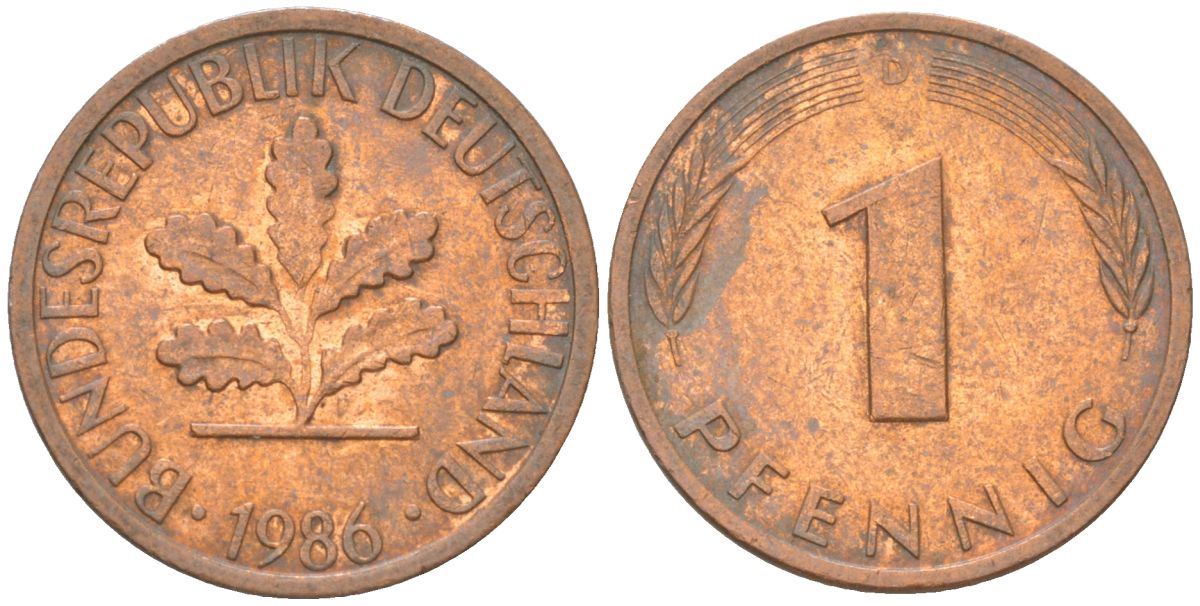 ФРГ 1 пфенниг 1986 D KM 105 сталь плакированная медью 4613-1213