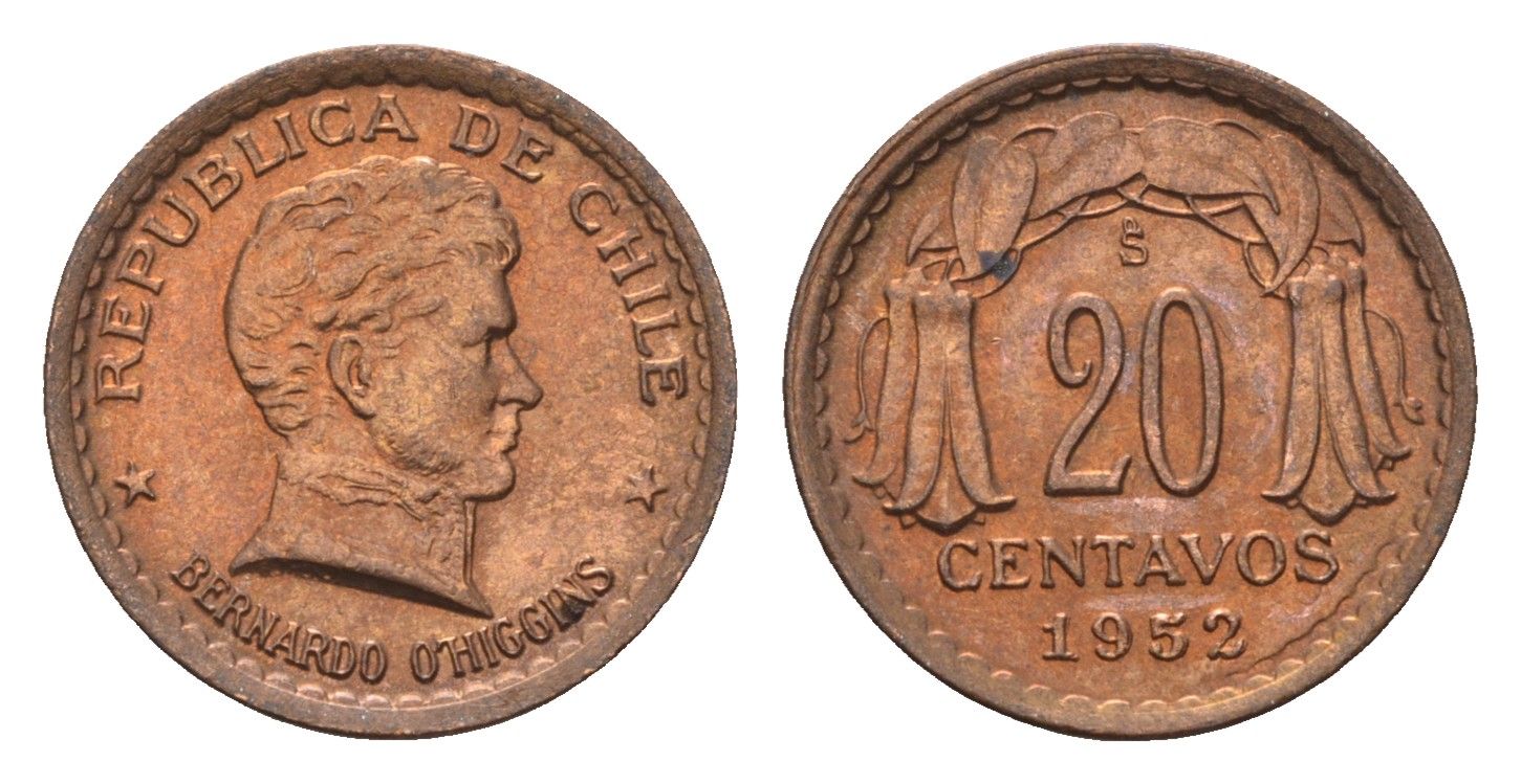 Чили 20 сентаво 1952 KM 177 медь UNC 4689-138