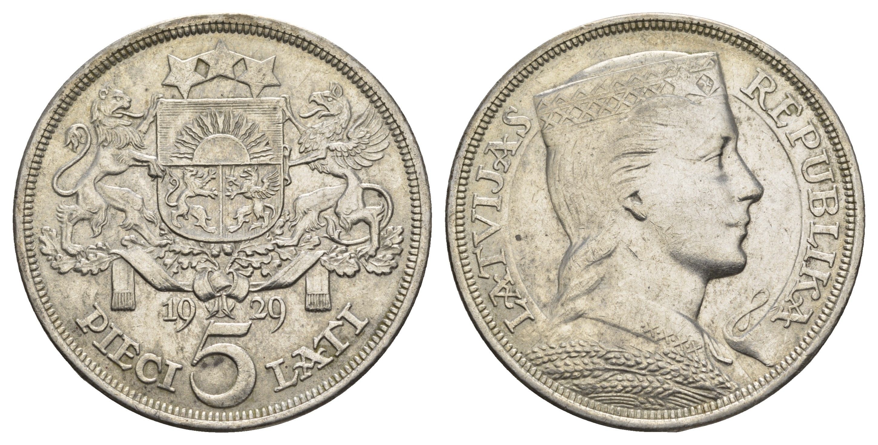 Латвия 5 латов 1929 девушка KM 9 серебро 443-924