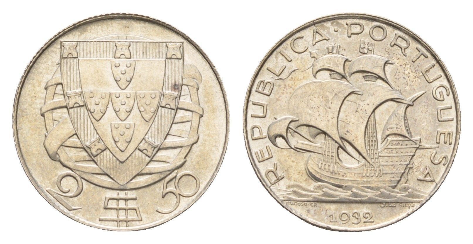 Португалия 2,5 эскудо 1932 парусник KM 580 серебро aUNC 650-1845