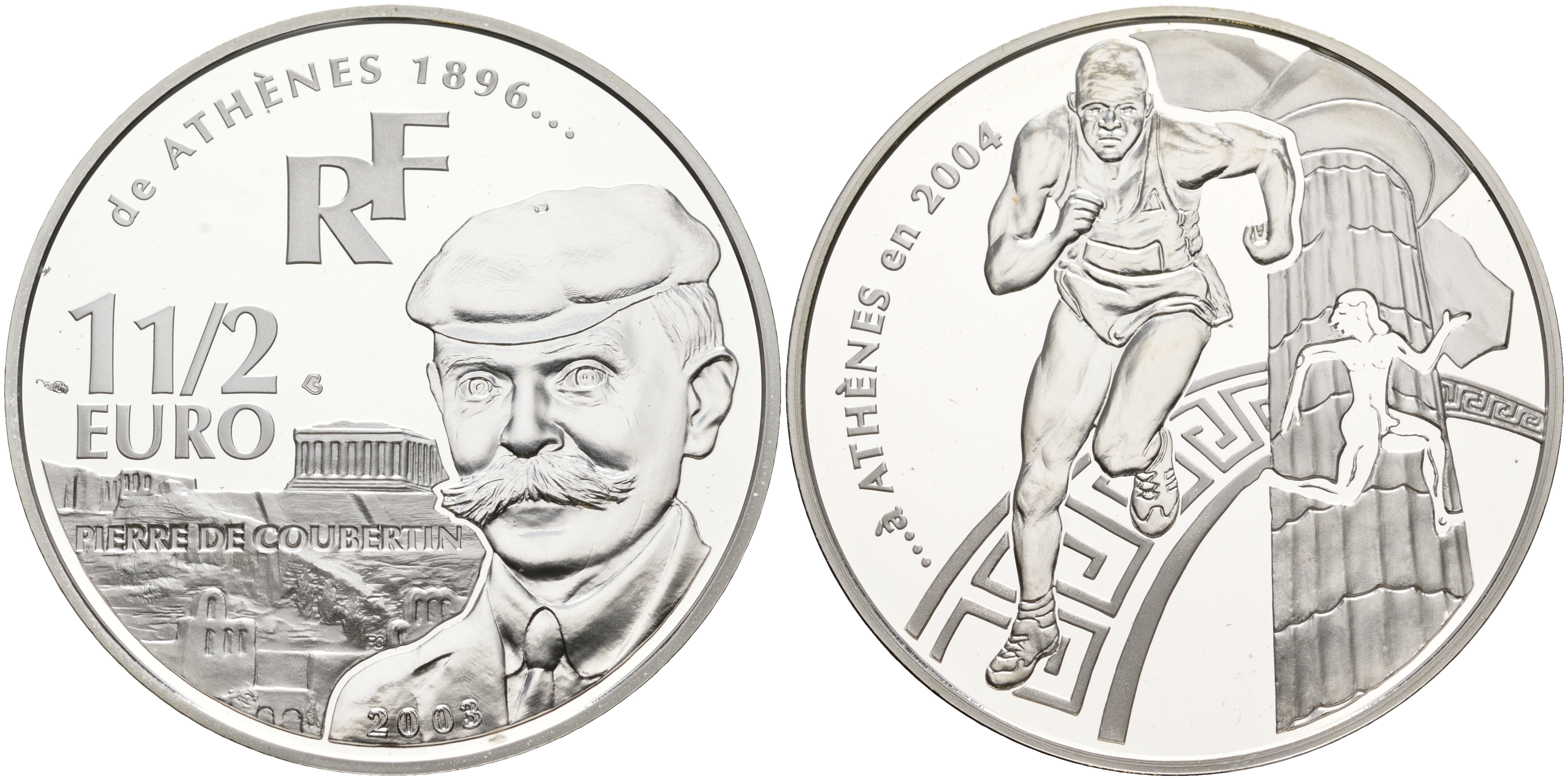 Франция 1 1/2 евро 2003 Пьер де Кубертен, Олимпийские игры 2004 года в Афинах, бег KM 1361 серебро PROOF 11-132-25