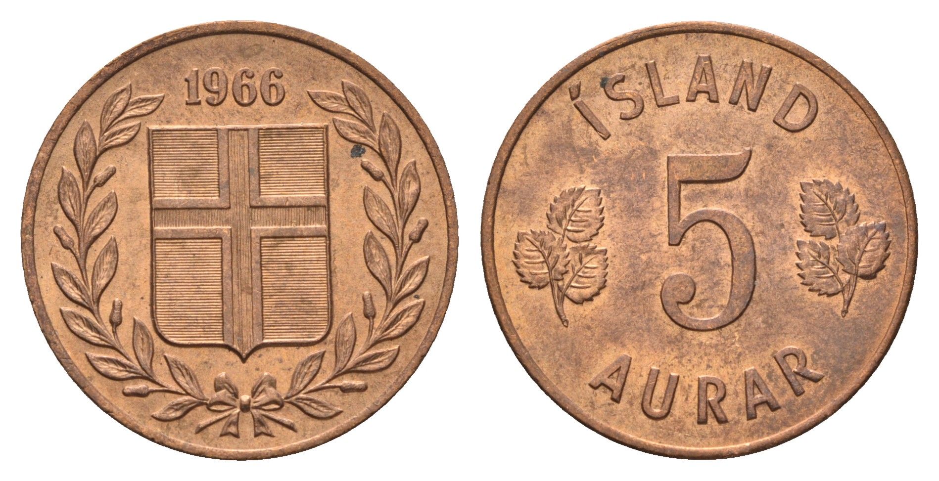 Исландия 5 эйре 1966 KM 9 бронза UNC 4691-344