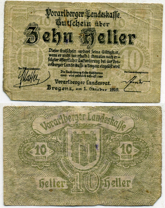ФОРАРАЛЬБЕРГ, АВСТРИЯ 10 ГЕЛЛЕРОВ 1919 НОТГЕЛЬД, ПЕРВАЯ МИРОВАЯ ВОЙНА бумага 445-60-3-2