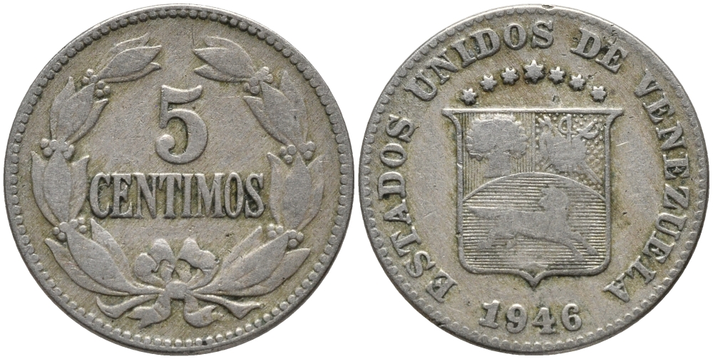 Венесуэла 5 сентимо 1946 KM 29а медно-никель 220-417