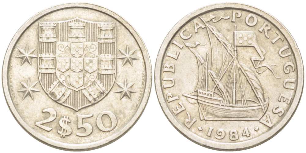 Португалия 2,5 эскудо 1984 парусник KM 590 медно-никель 4513-1157