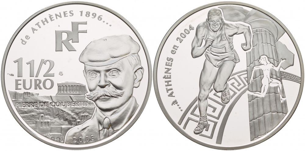 Франция 1 1/2 евро 2003 Пьер де Кубертен, Олимпийские игры 2004 года в Афинах, бег KM 1361 серебро PROOF 02-109-24