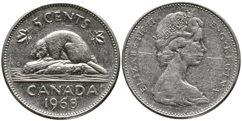 КАНАДА 5 ЦЕНТОВ 1968 ЕЛИЗАВЕТА II (1952-), БОБР, ВТОРОЙ ПОРТРЕТ В КОРОНЕ KM 60.1 никель 4543-626