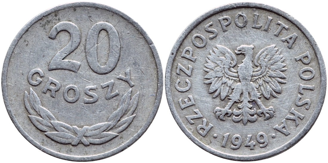 Польша 20 грошей 1949 KM 43а, Parchimowicz 207b алюминий 26-769