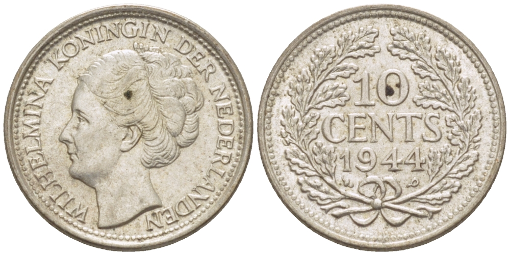 Нидерланды 10 центов 1944 Вильгельмина (1890-1948) KM 163 серебро aUNC 66-1263