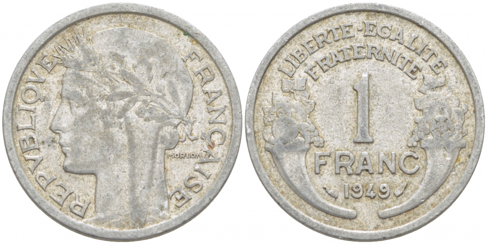 ФРАНЦИЯ 1 ФРАНК 1949 ТИП MORLON, LEGERE KM 885a 1, LE FRANC 221.15 алюминий 4523-155