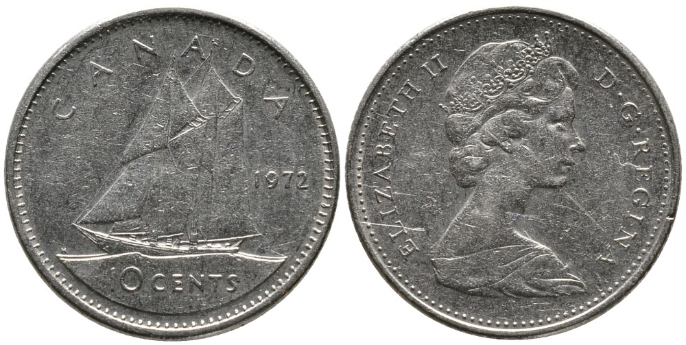 КАНАДА 10 ЦЕНТОВ 1972 ЕЛИЗАВЕТА II (1952-), ПАРУСНИК, ВТОРОЙ ПОРТРЕТ В КОРОНЕ KM 77.1 никель 4532-815