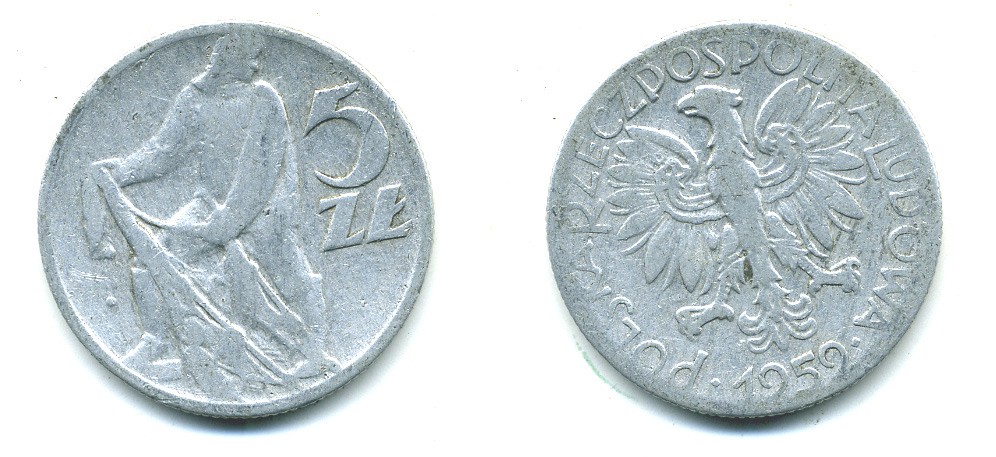 Польша 5 злотых 1959 MW, рыбак KM 47 алюминий 37-145