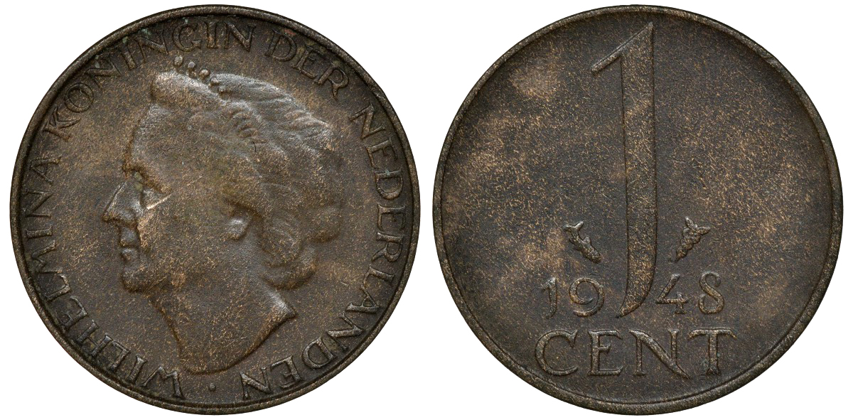 Нидерланды 1 цент 1948 Вильгельмина (1890-1948), год тип KM 175 бронза 72-1632