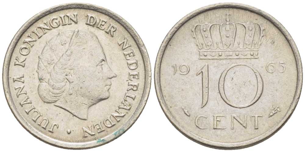 Нидерланды 10 центов 1965 Юлиана (1949-1980) KM 182 никель 214-1216