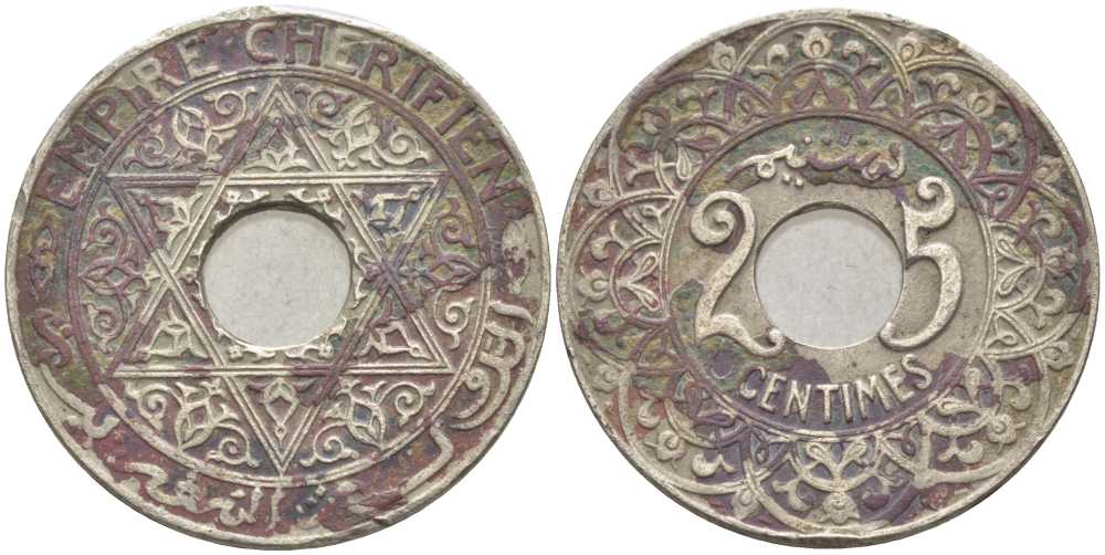 Марокко 25 сантимов 1921 Мулай Юсуф (1912-1927), Французский протекторат KM 34.1 медно-никель 119-243