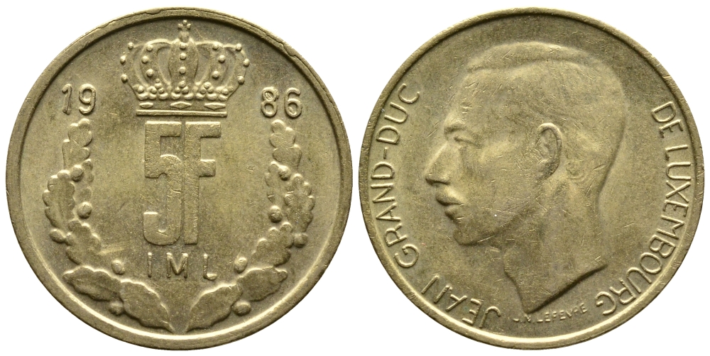 Люксембург 5 франков 1986 Великий герцог Жан (1964-1999) KM 60.1 латунь 179-947