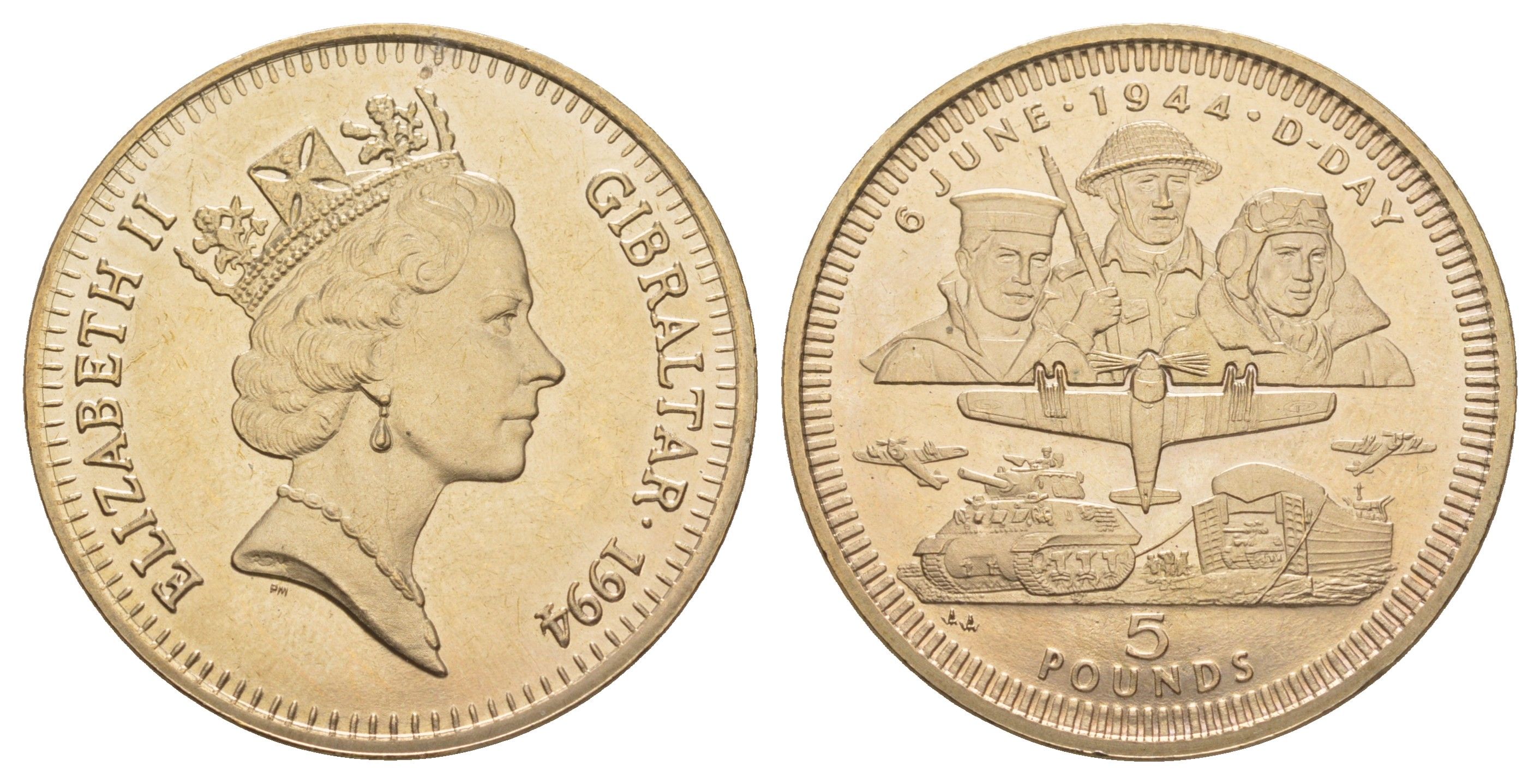 Гибралтар 5 фунтов 1994 50 лет Битве за Нормандию, тираж 5.000 экземпляров KM 309 вирениум BU 413-2933