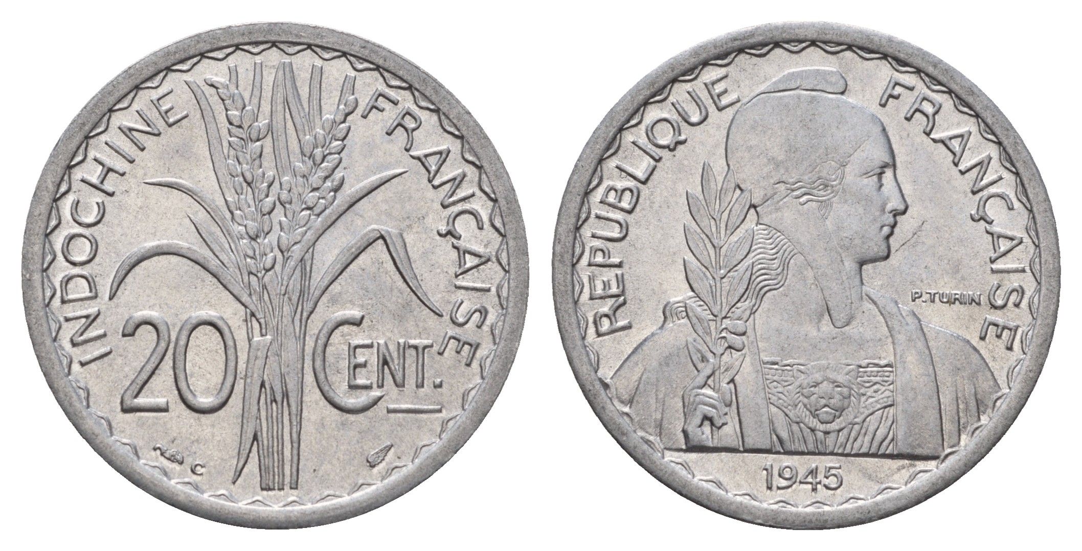 Французский Индокитай 20 сантимов 1945 литера C KM 29.3 алюминий aUNC 1515-422