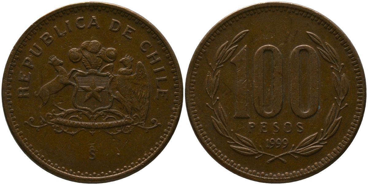 Чили 100 песо 1999 So KM 226.2, Schon 71 алюминиевая бронза 4388-212