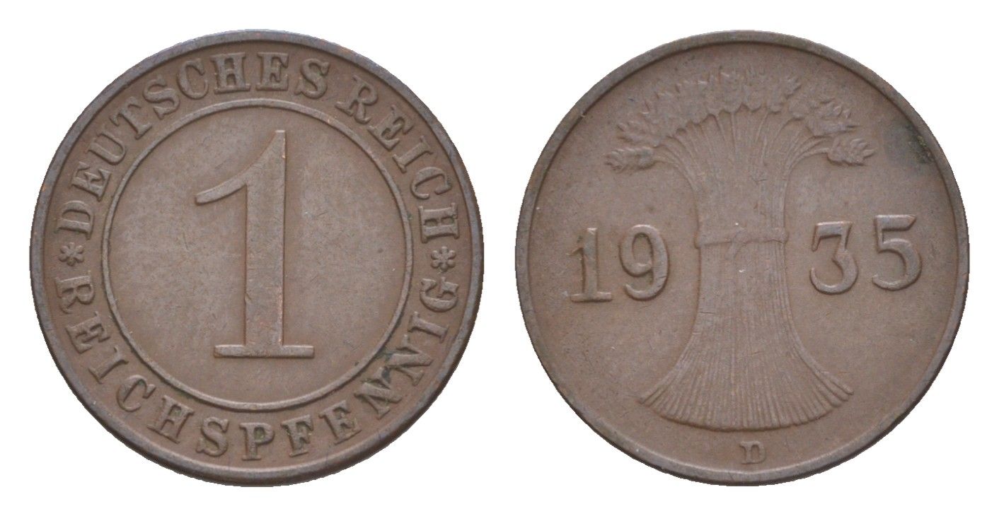 Германия 1 рейхспфенниг 1935 D KM 37, J. 313 бронза 4644-1054