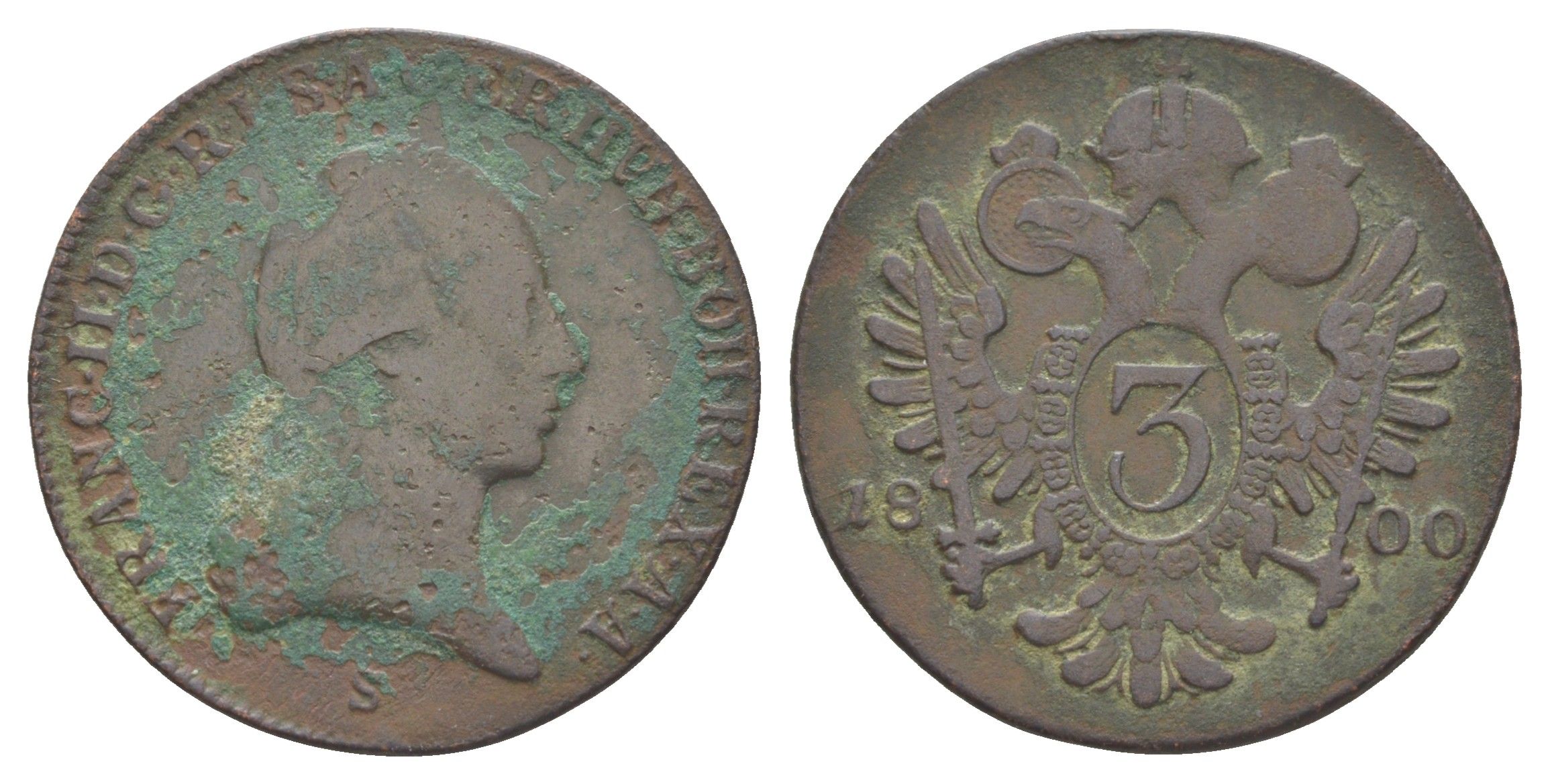 Австрия 3 крейцера 1800 S, Франц II (1792-1835) KM 2115 медь 4607-425