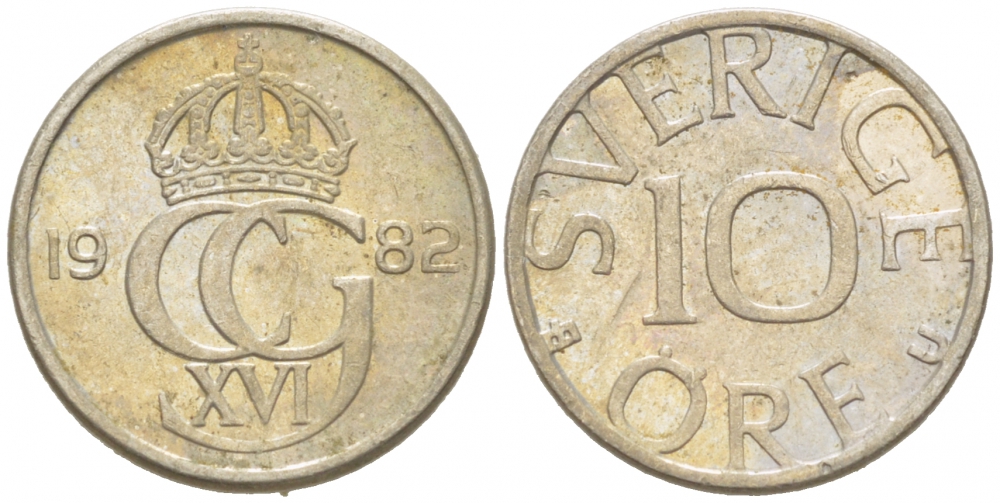 Швеция 10 эре 1982 U, Карл XVI Густав (1973- ) KM 850 медно-никель 3955-346