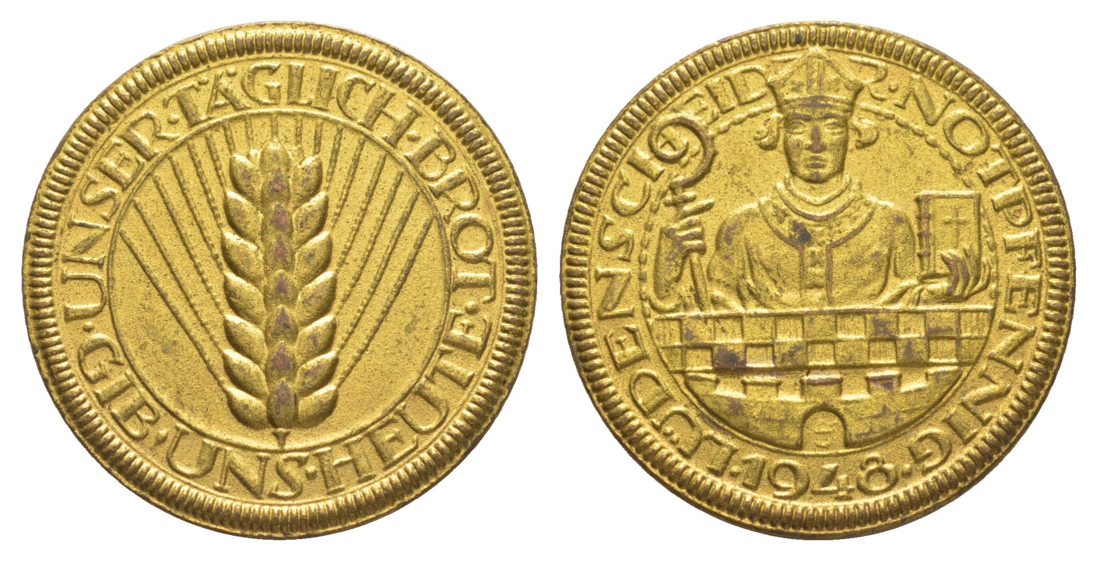 ФРГ благотворительный жетон "нотпфенниг" 1948 во время продовольственного кризиса после Второй мировой войны эти жетоны продавали, а на вырученные деньги поддерживали нуждающихся людей латунь 1528-645