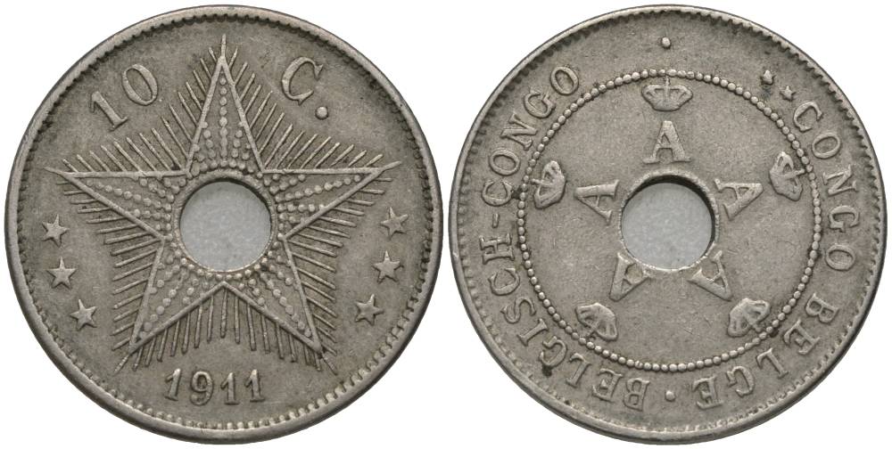 Бельгийское Конго 10 сантимов 1911 Альберт I (1909-1934) KM 18 медно-никель 27-1125