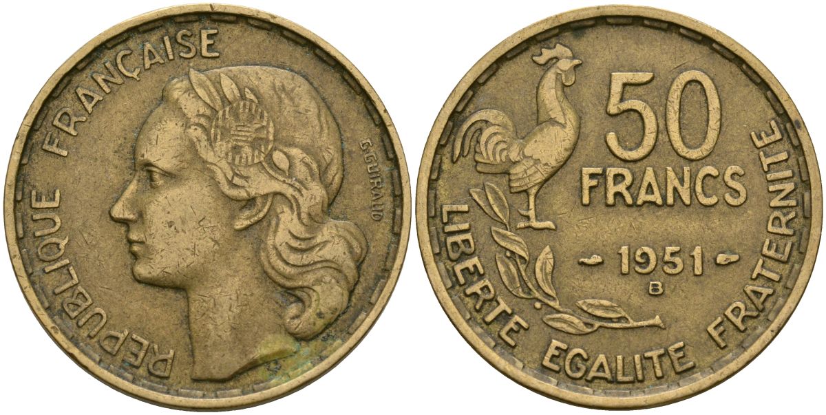 Франция 50 франков 1951 B, петух KM 918.1, Le Franc 425.5 алюминиевая бронза 4120-1221
