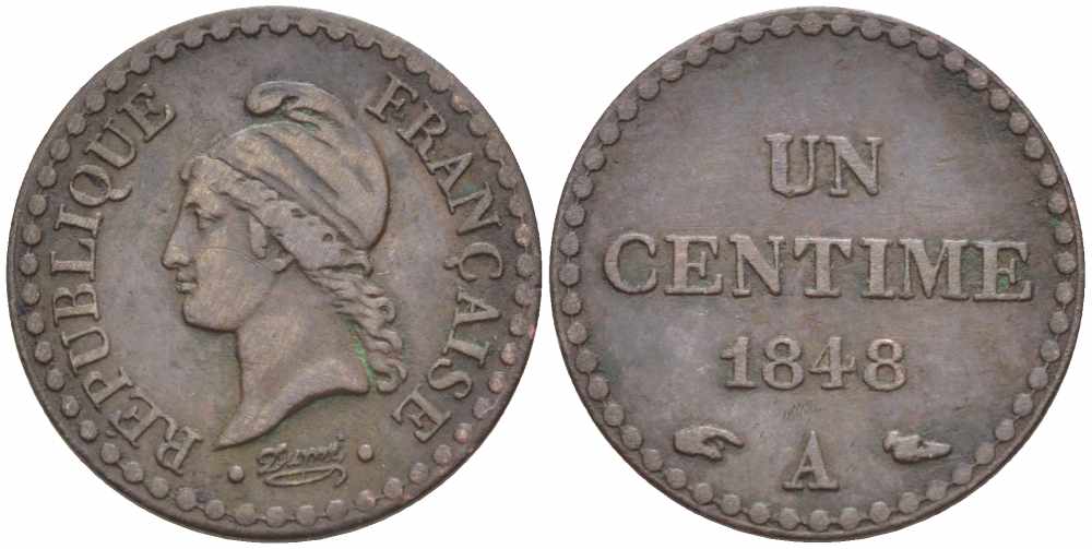 ФРАНЦИЯ 1 САНТИМ 1848 A, ВТОРАЯ РЕСПУБЛИКА (1848-1852) KM 754, LE FRANC 101.1 бронза 105-343