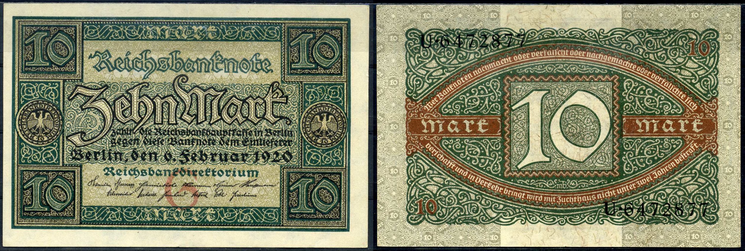 Германия 10 марок 1920 Pick 67a бумага aUNC 7547-30-2-2