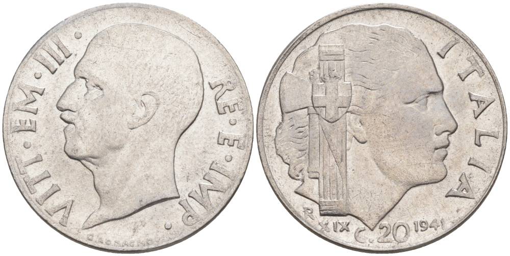 ИТАЛИЯ 20 ЧЕНТЕЗИМО 1941 R, ГОД XIX, ВИКТОР ЭММАНУИЛ III (1900-1946) KM 75b, VEM3. 1028 нержавеющая сталь 3853-746
